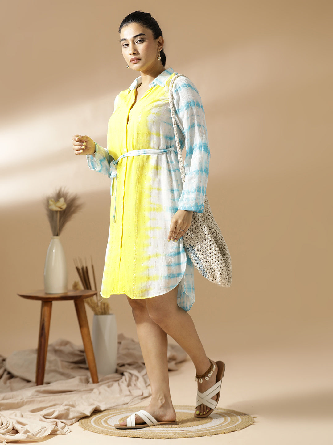 Blue and Yellow Tie&Dye Shirt Dress