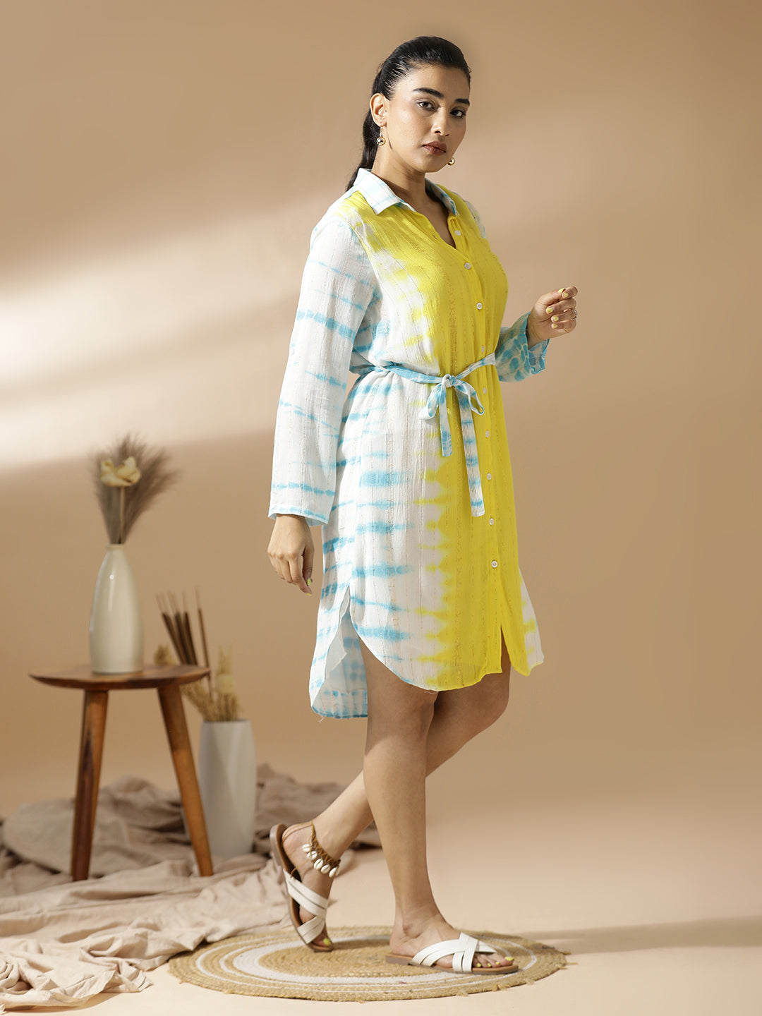 Blue and Yellow Tie&Dye Shirt Dress