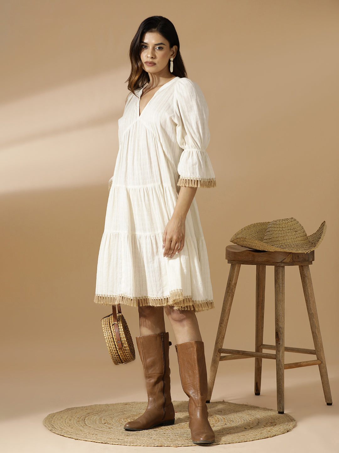 Off-White dobby short tiered Dress