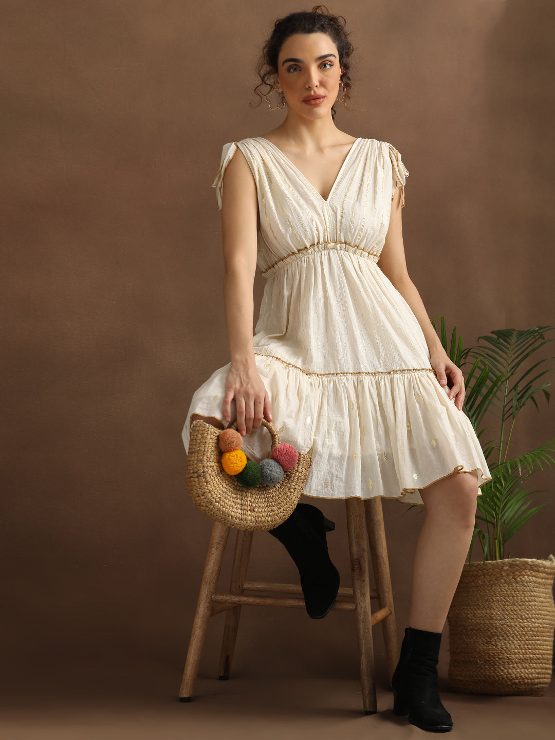 Natural Lurex Short Tiered Dress