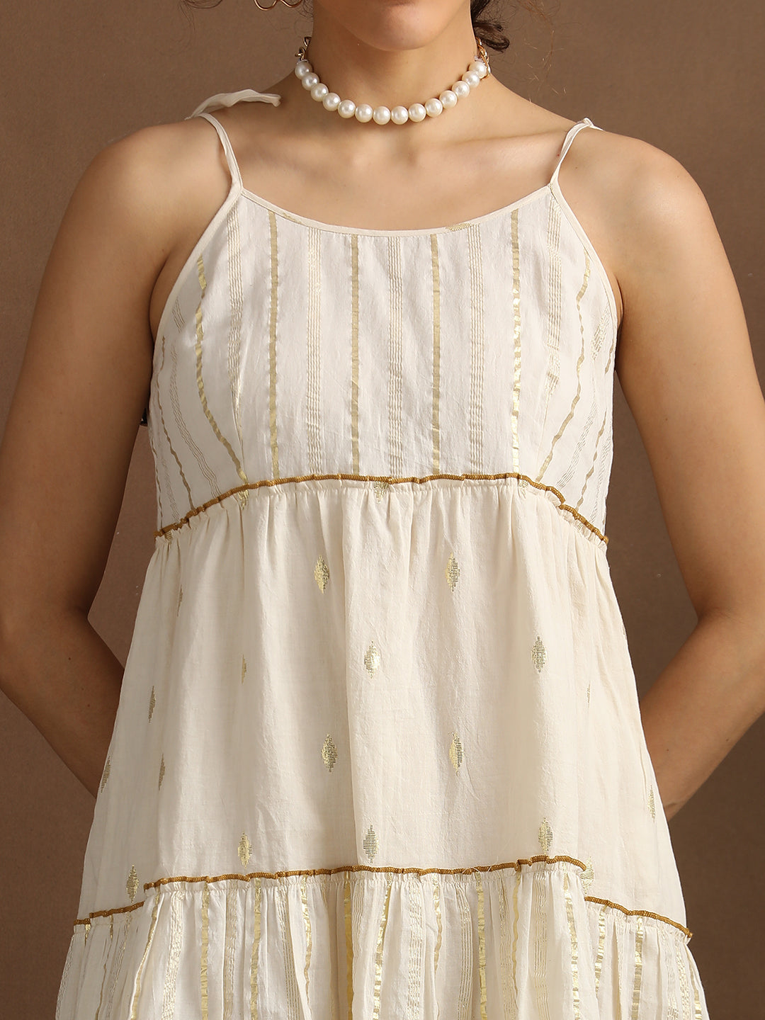 Natural Lurex shoulder Tie-up Tiered Dress