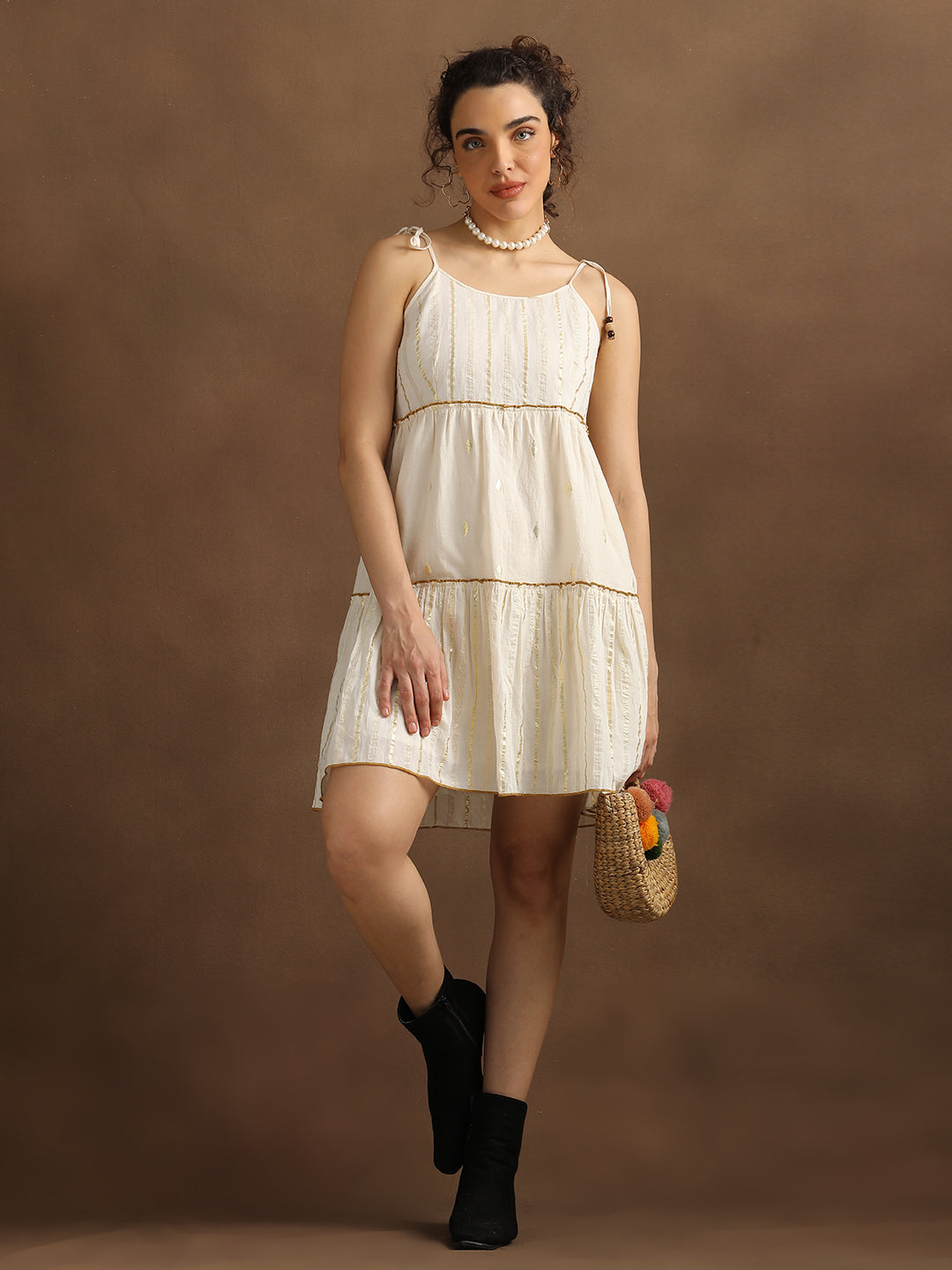 Natural Lurex shoulder Tie-up Tiered Dress