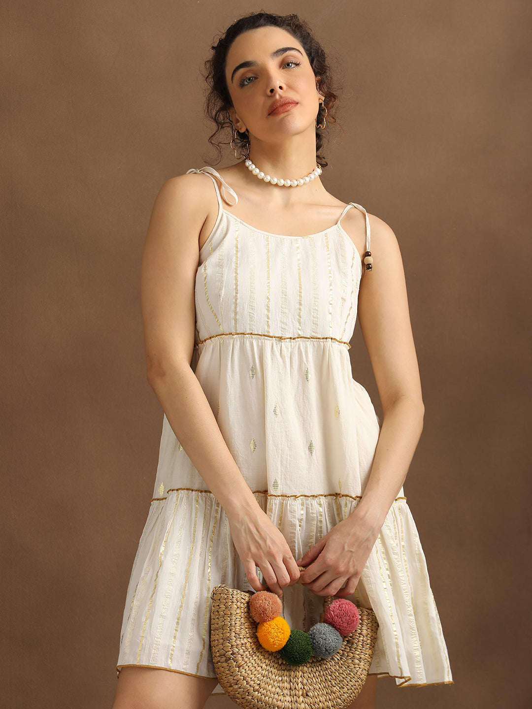 Natural Lurex shoulder Tie-up Tiered Dress