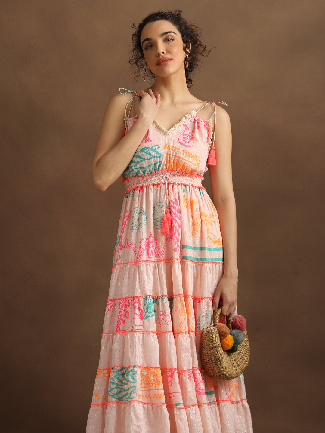 Neon Print Peach Lurex Long Tiered Dress