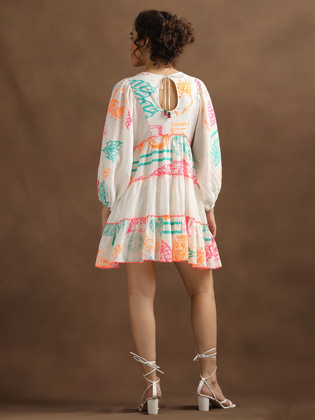 Neon Print Off-White Short Dress
