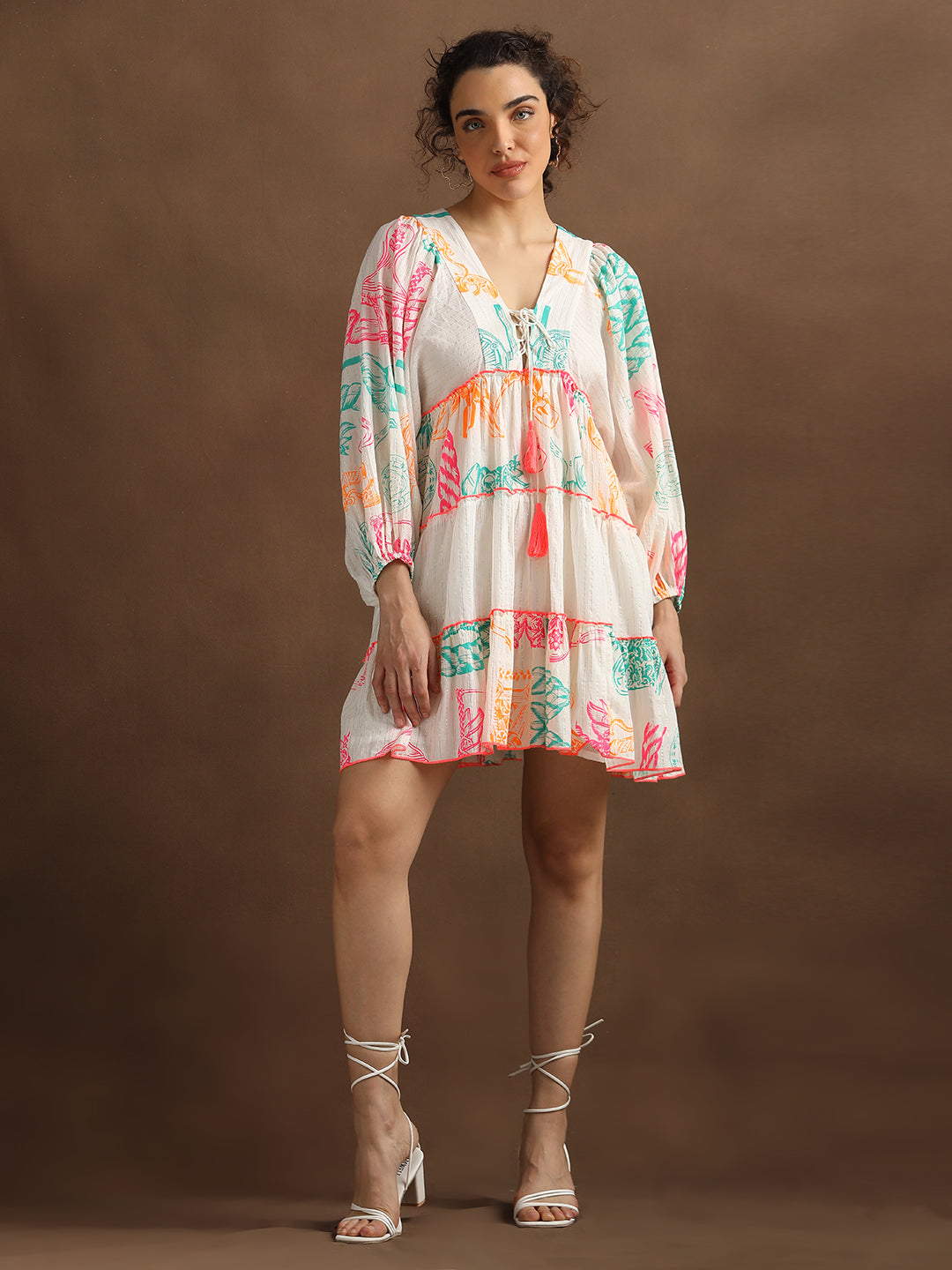 Neon Print Off-White Short Dress