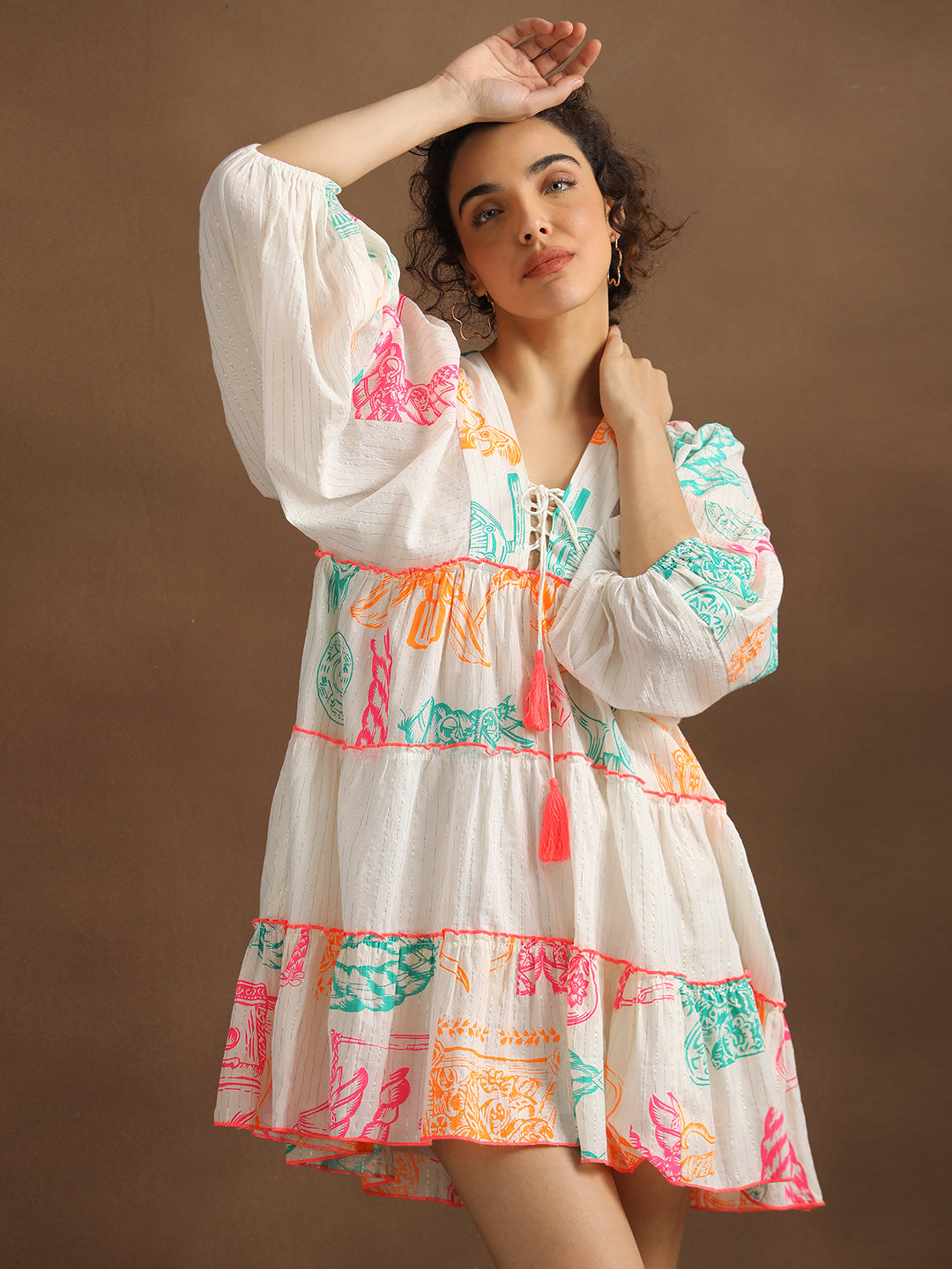 Neon Print Off-White Short Dress