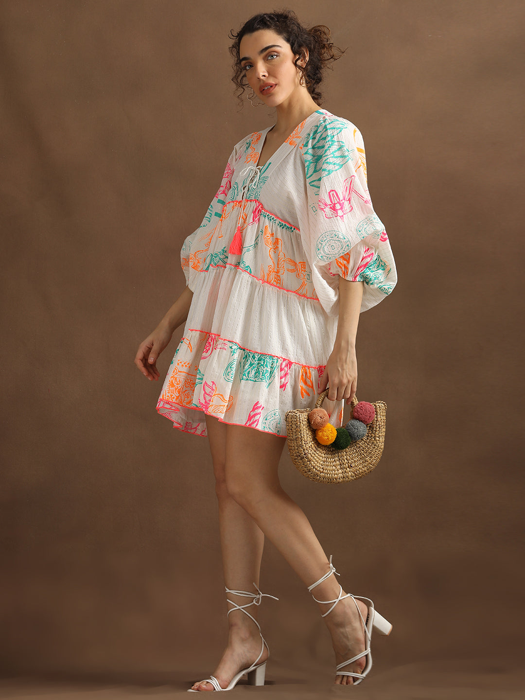 Neon Print Off-White Short Dress