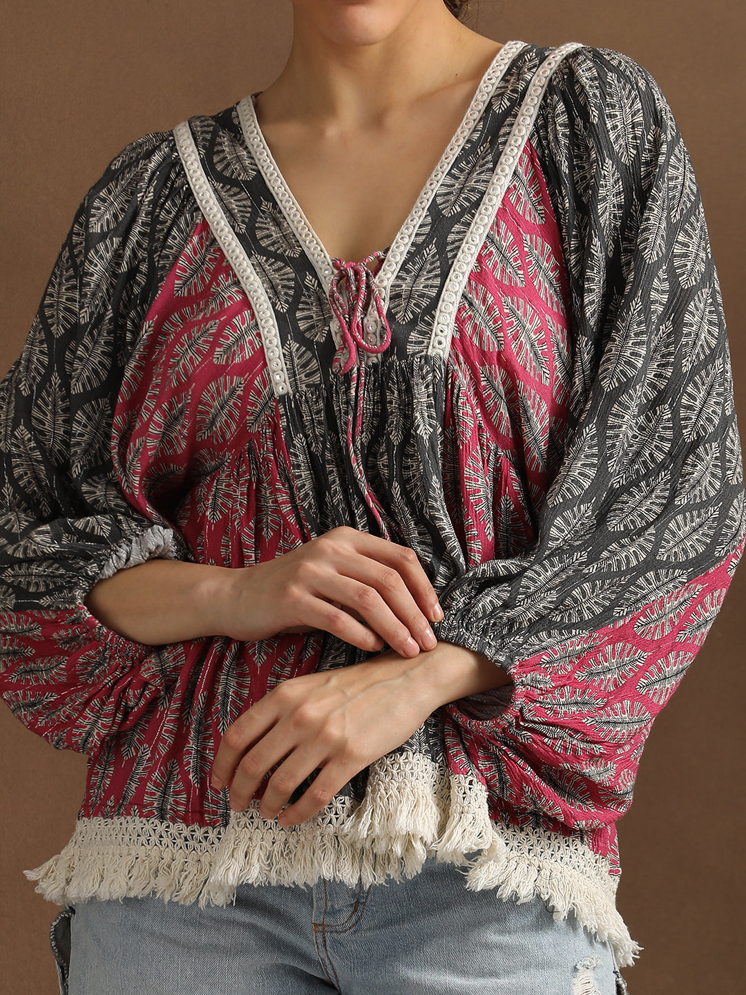 Pink & Grey Leaf Print Top