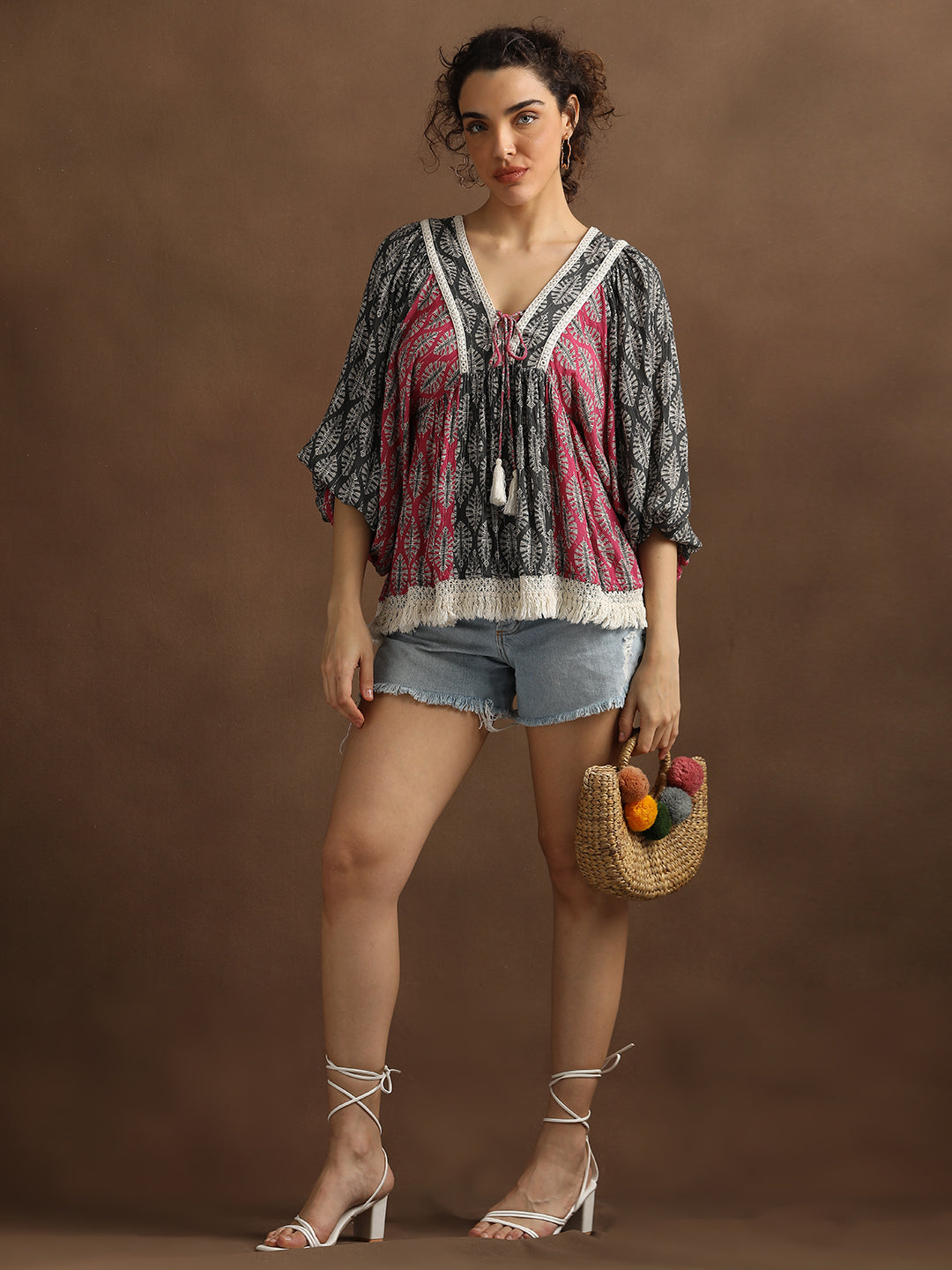 Pink & Grey Leaf Print Top