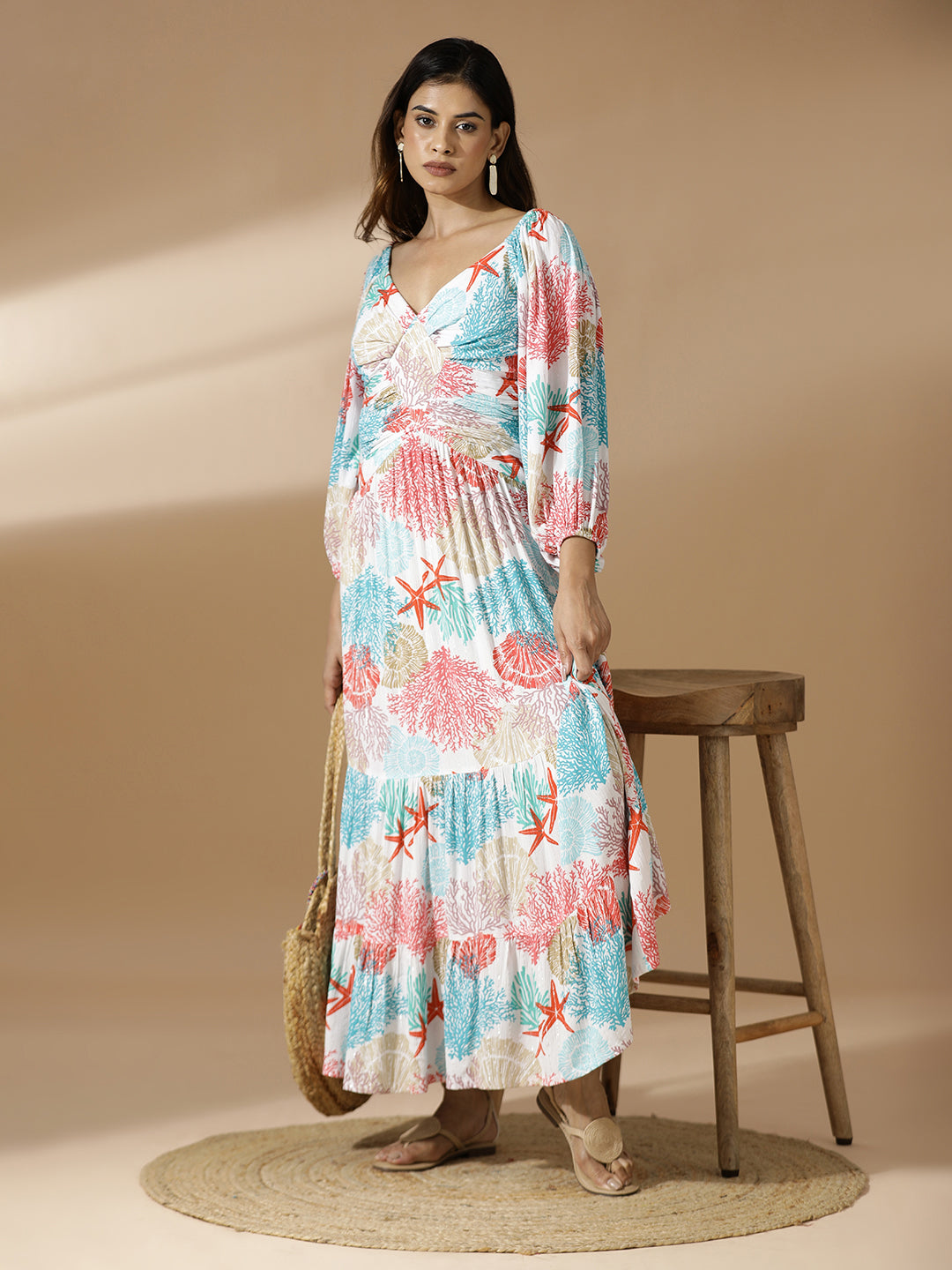 Coral Print Long Pleated A-Line Dress