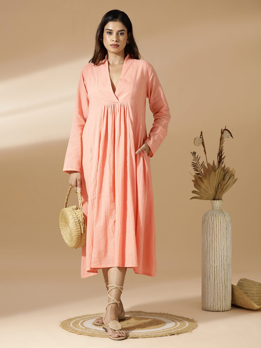 Peach A-Line Midi Dress