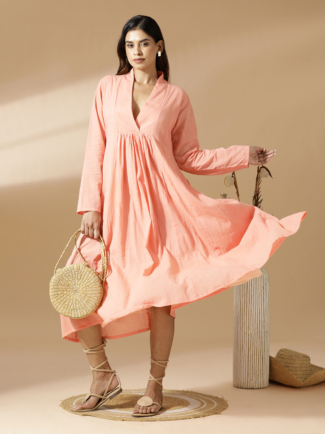 Peach A-Line Midi Dress