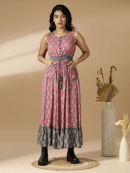 Pink & Grey Leaf Print Long A-Line Dress