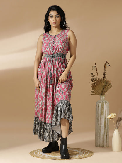 Pink & Grey Leaf Print Long A-Line Dress