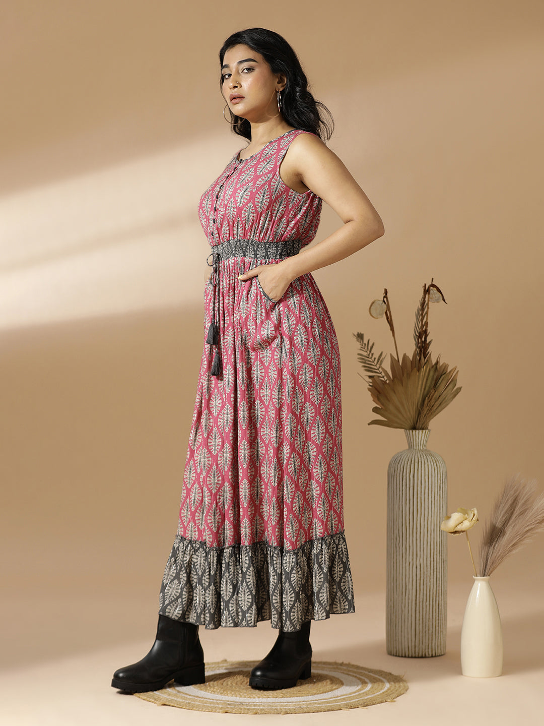 Pink & Grey Leaf Print Long A-Line Dress