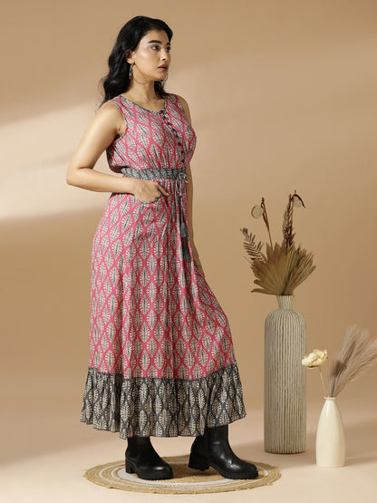 Pink & Grey Leaf Print Long A-Line Dress