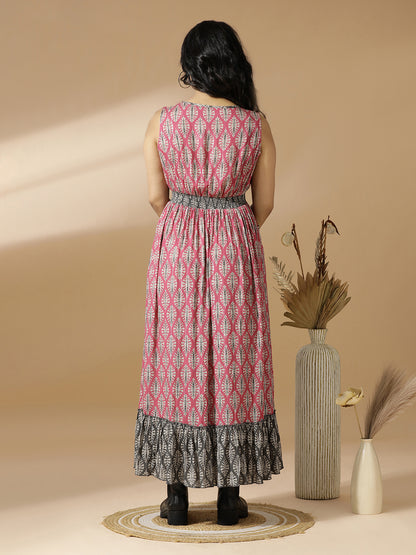 Pink & Grey Leaf Print Long A-Line Dress