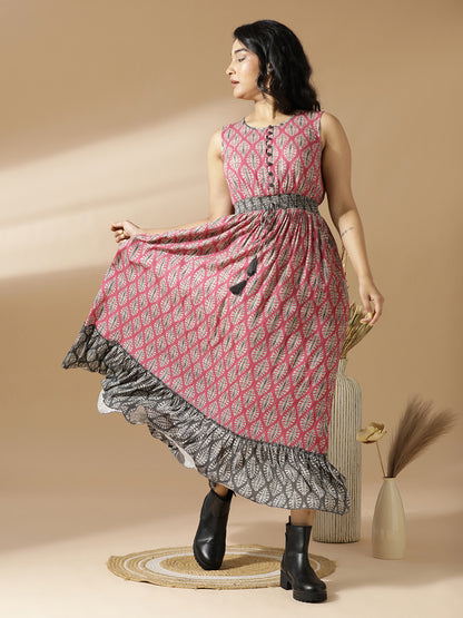 Pink & Grey Leaf Print Long A-Line Dress