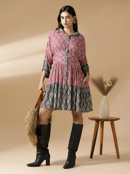 Pink & Grey Leaf Print Tiered Shirt Dress