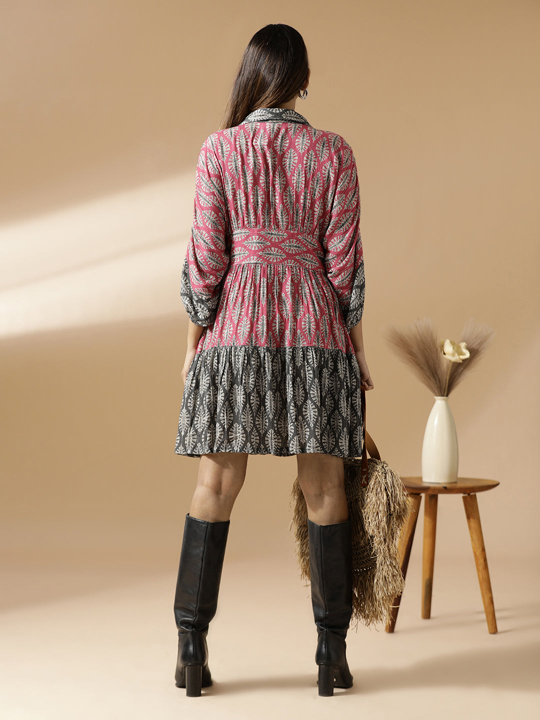 Pink & Grey Leaf Print Tiered Shirt Dress