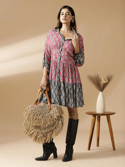 Pink & Grey Leaf Print Tiered Shirt Dress