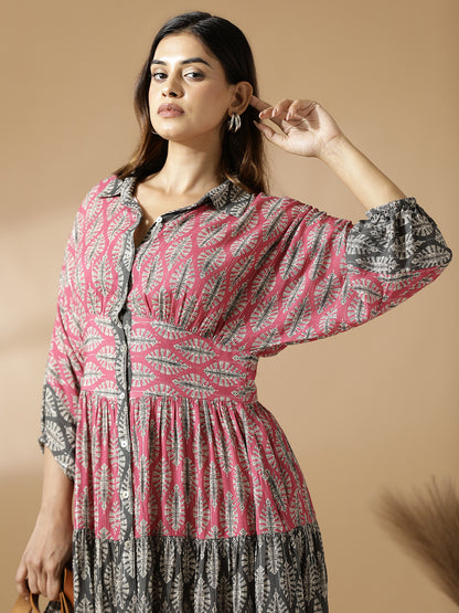 Pink & Grey Leaf Print Tiered Shirt Dress