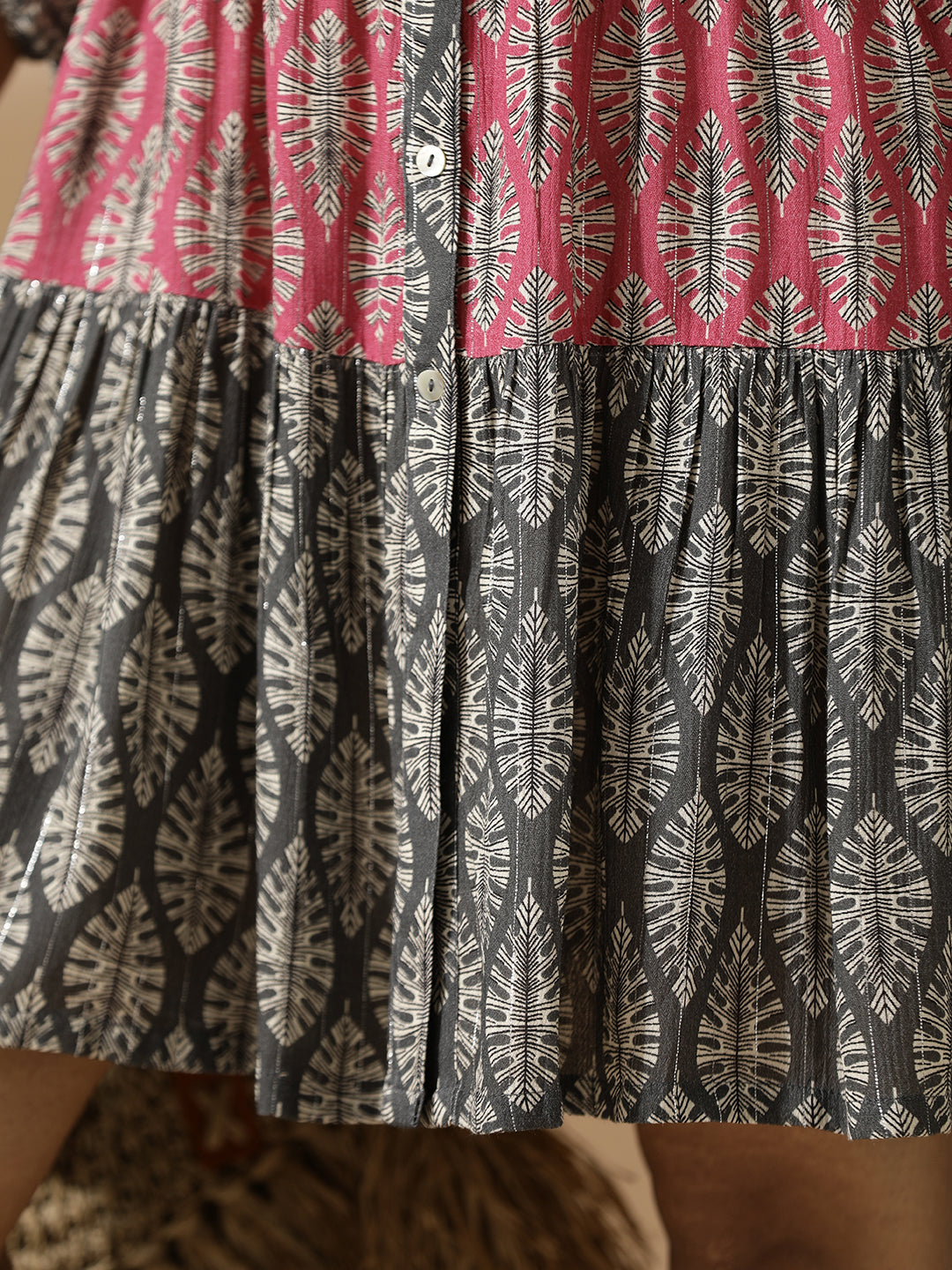 Pink & Grey Leaf Print Tiered Shirt Dress