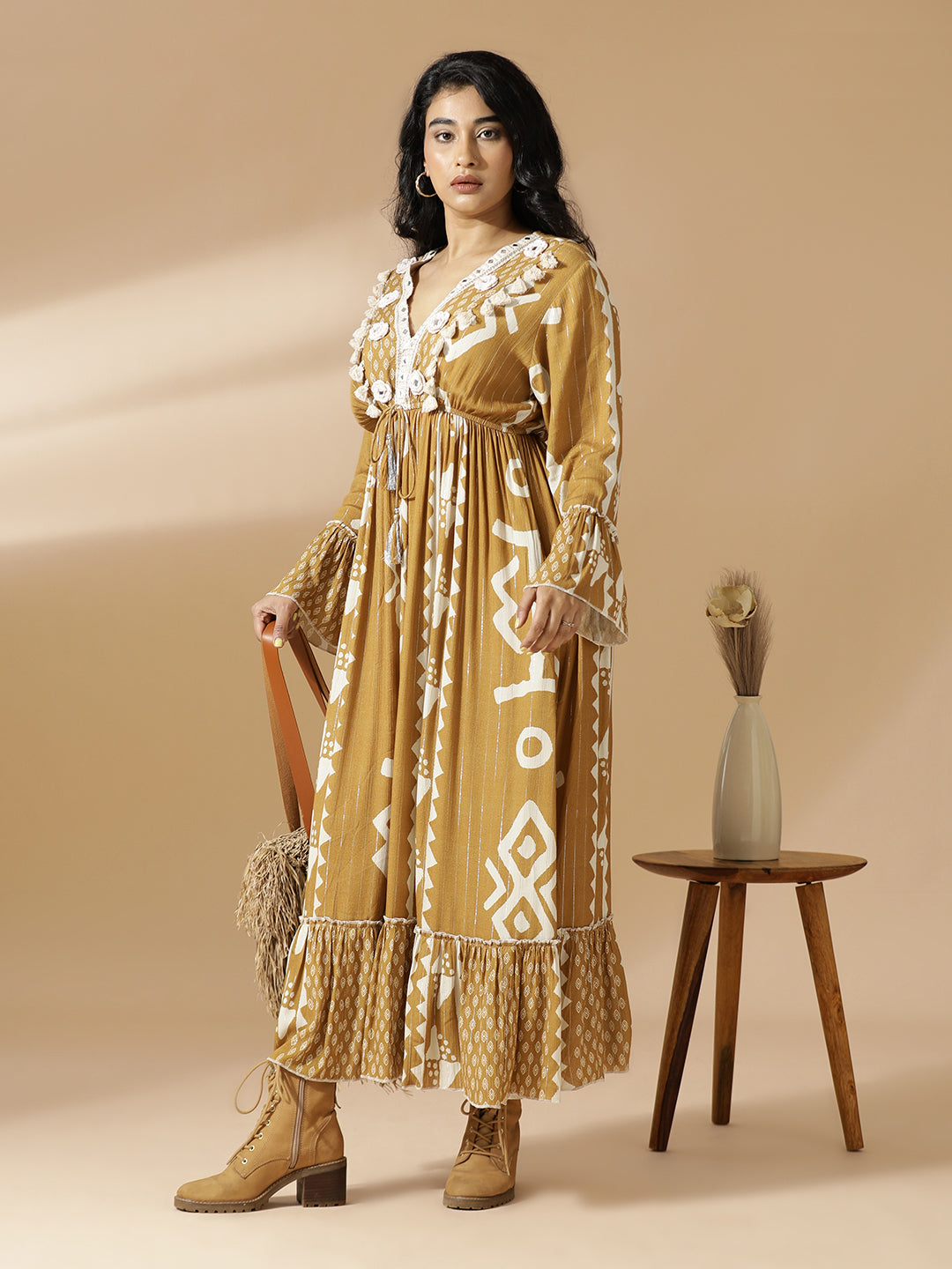 Mustard Geometric Long A-Line Dress