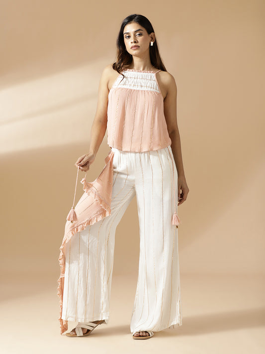 White and Peach Lurex Co-Ord Set