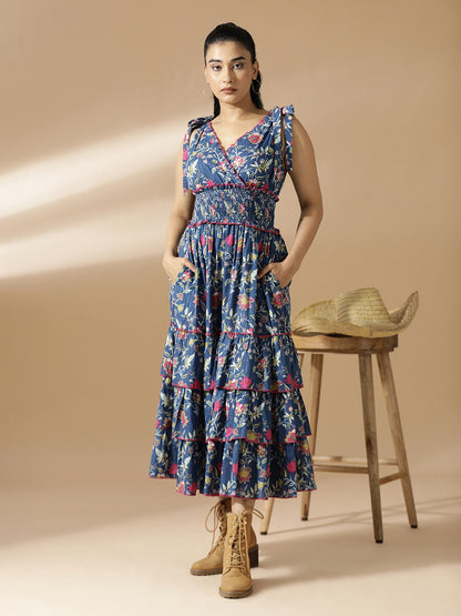 Blue floral Long Layered dress