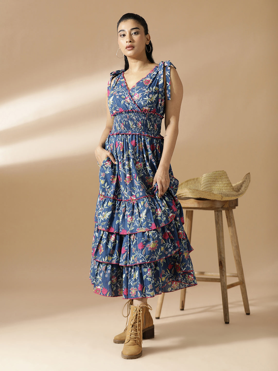 Blue floral Long Layered dress