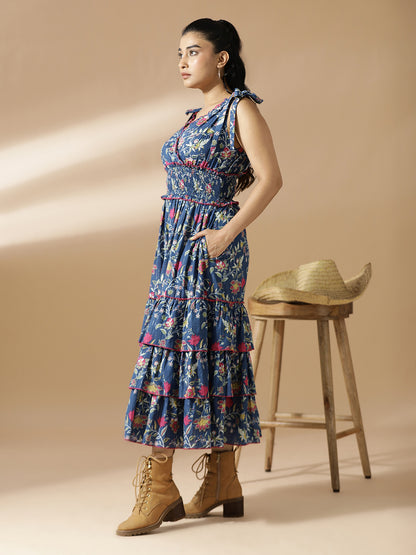 Blue floral Long Layered dress