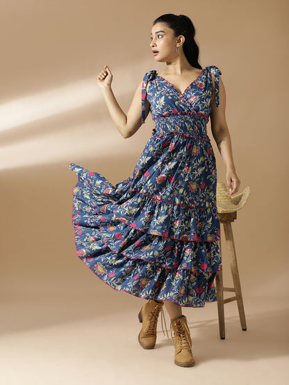 Blue floral Long Layered dress