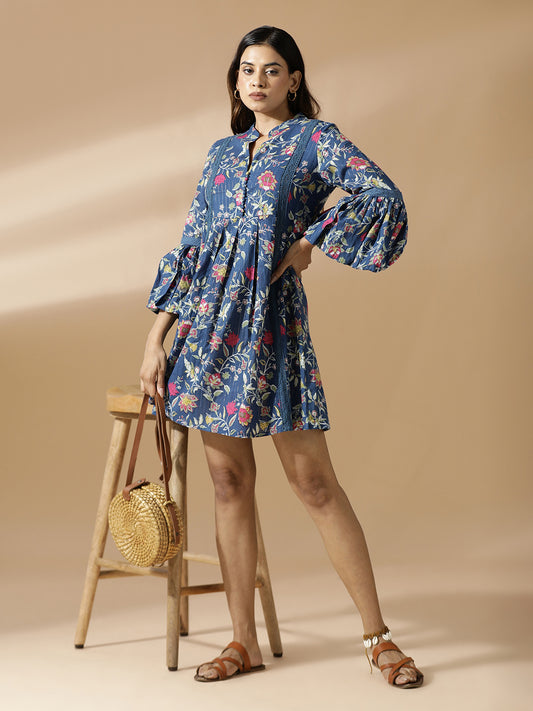 Blue Floral A-Line Short Dress