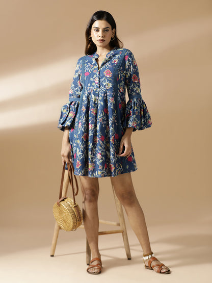 Blue Floral A-Line Short Dress