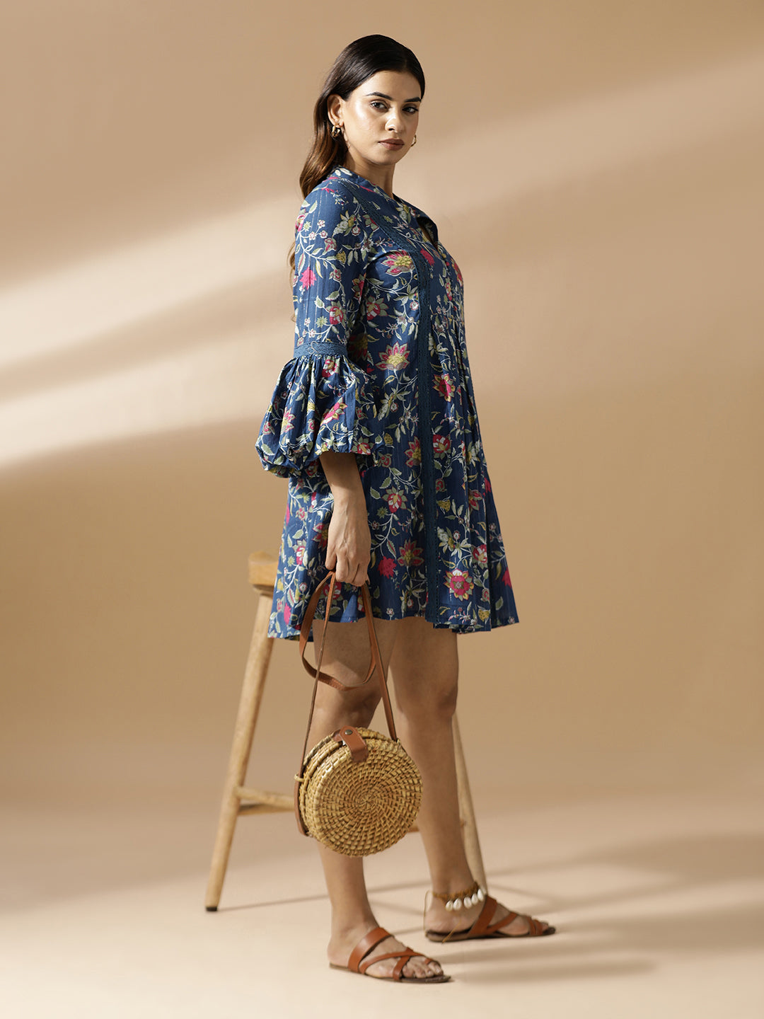 Blue Floral A-Line Short Dress