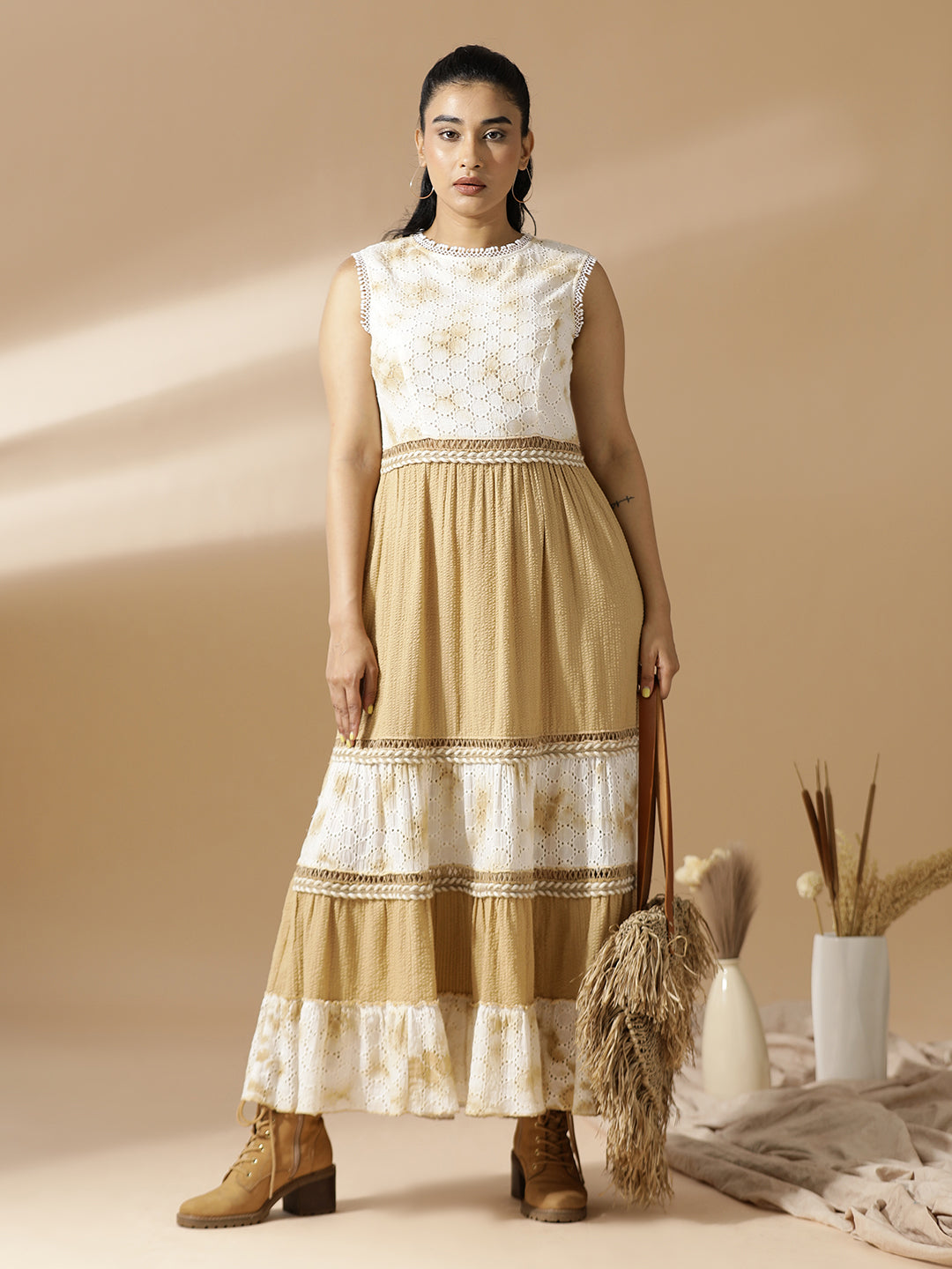 Beige Seer-Sucker and Schiffli Long Tiered Dress