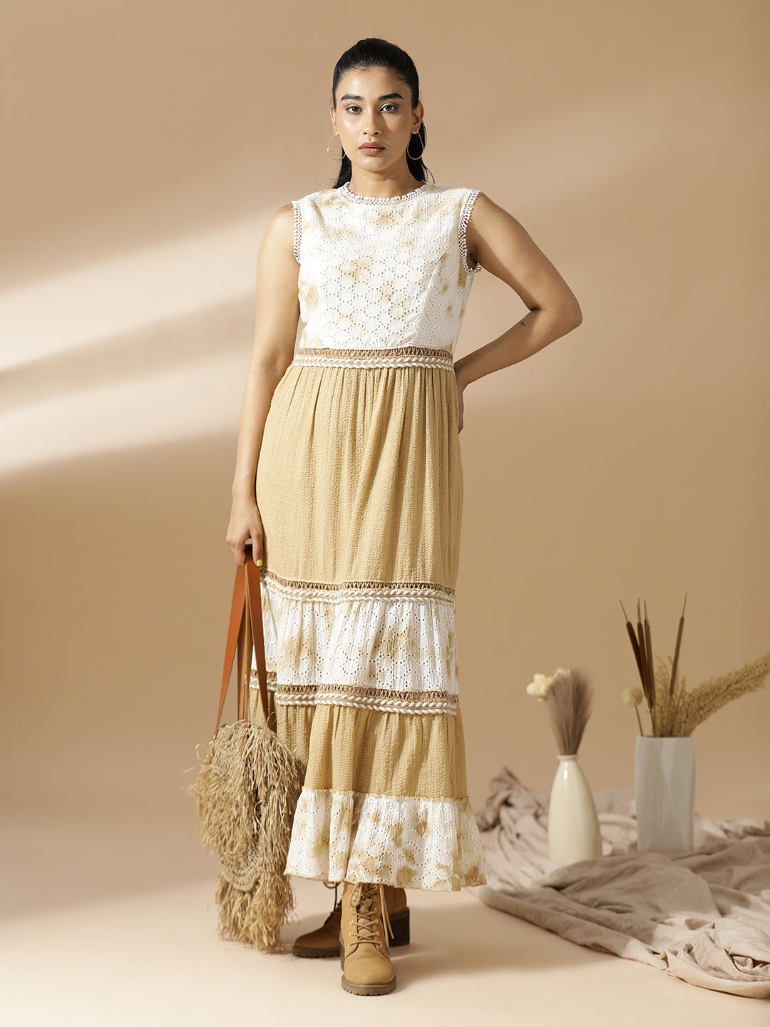 Beige Seer-Sucker and Schiffli Long Tiered Dress