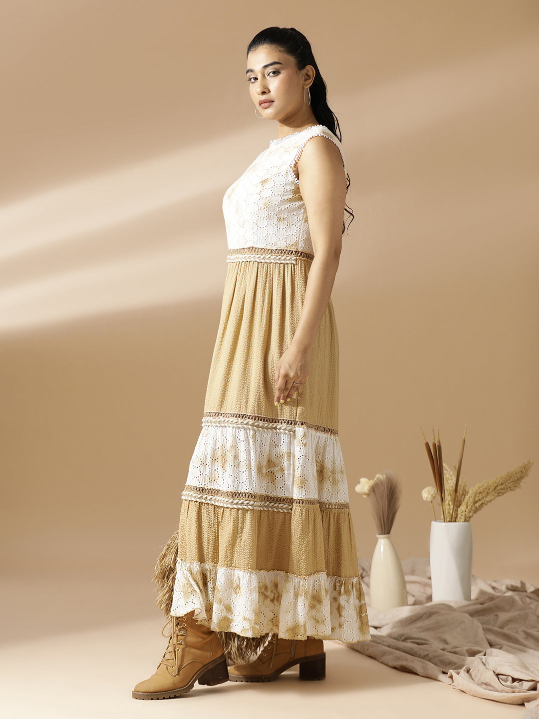 Beige Seer-Sucker and Schiffli Long Tiered Dress