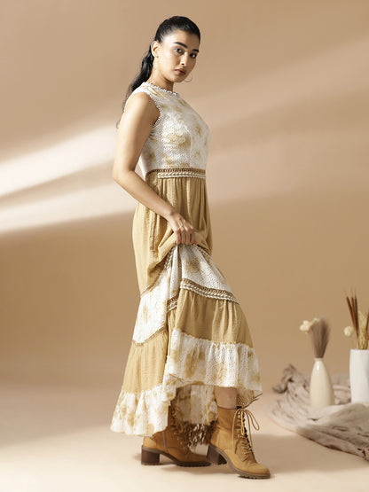 Beige Seer-Sucker and Schiffli Long Tiered Dress