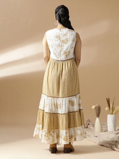 Beige Seer-Sucker and Schiffli Long Tiered Dress