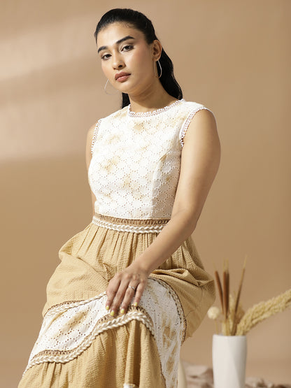 Beige Seer-Sucker and Schiffli Long Tiered Dress