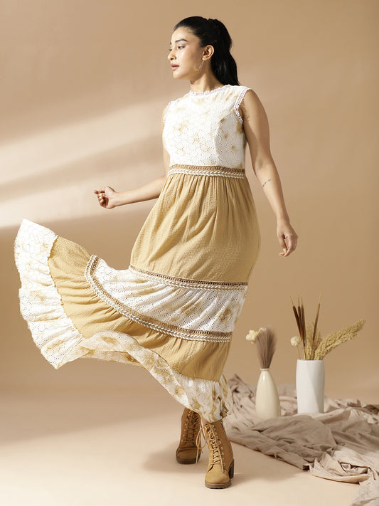 Beige Seer-Sucker and Schiffli Long Tiered Dress