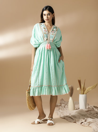 Sea Green neck hand embroidered short dress