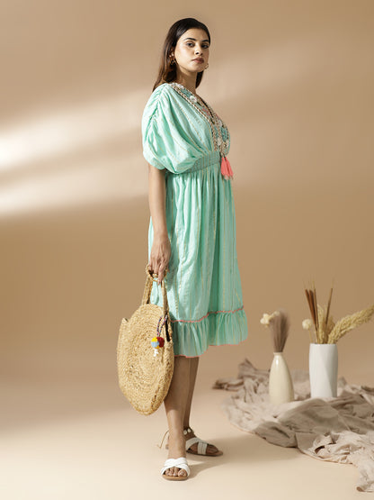 Sea Green neck hand embroidered short dress