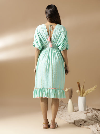 Sea Green neck hand embroidered short dress