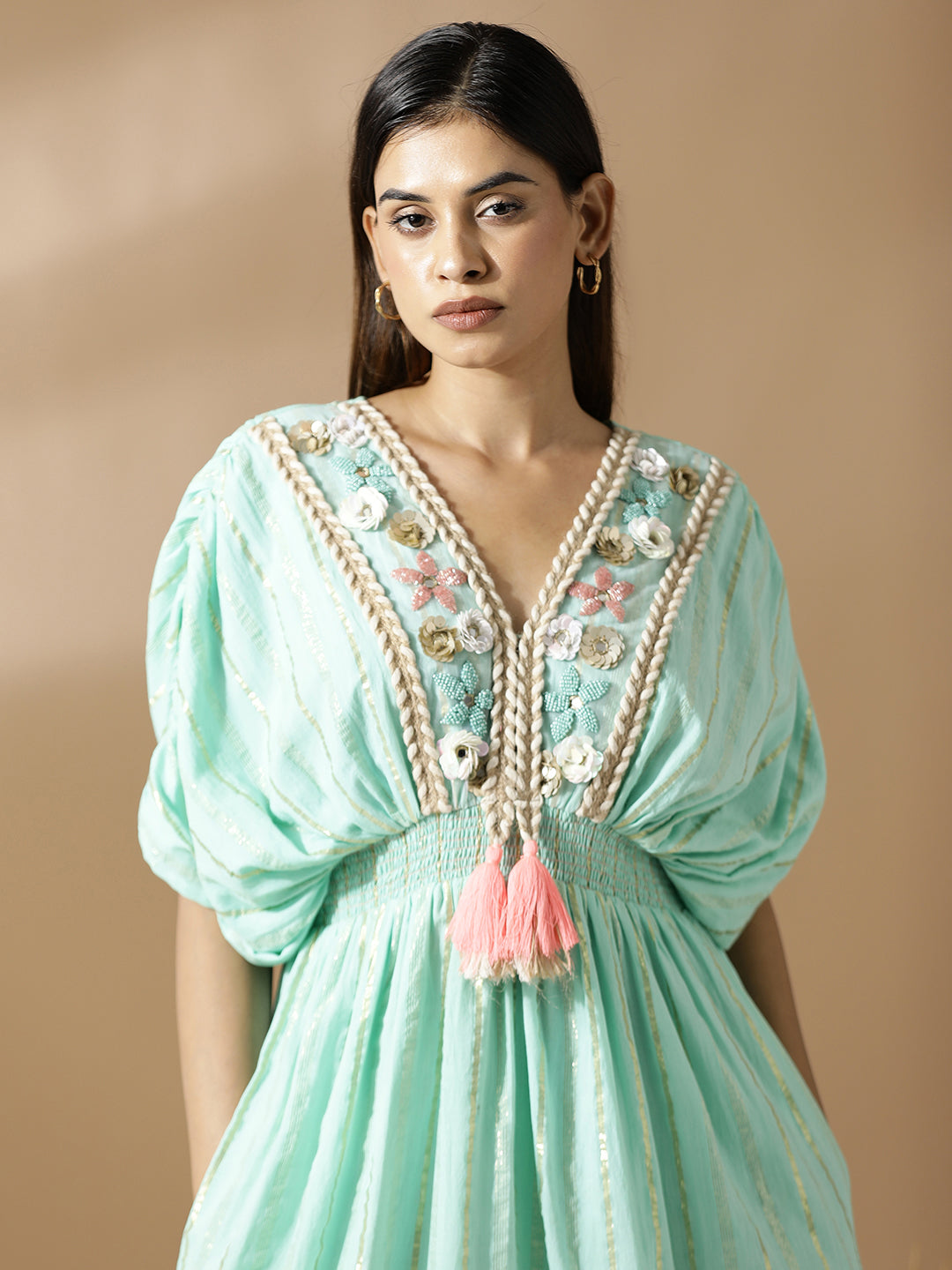 Sea Green neck hand embroidered short dress