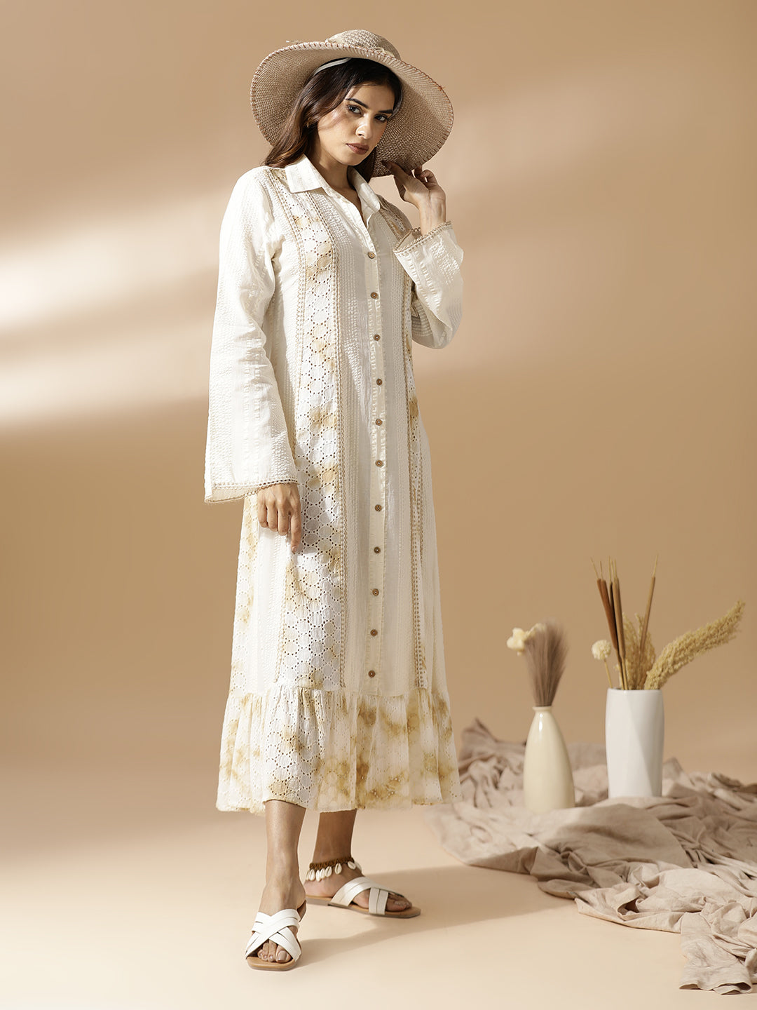 Off-White Seer-Sucker and Schiffli Long Shirt Dress