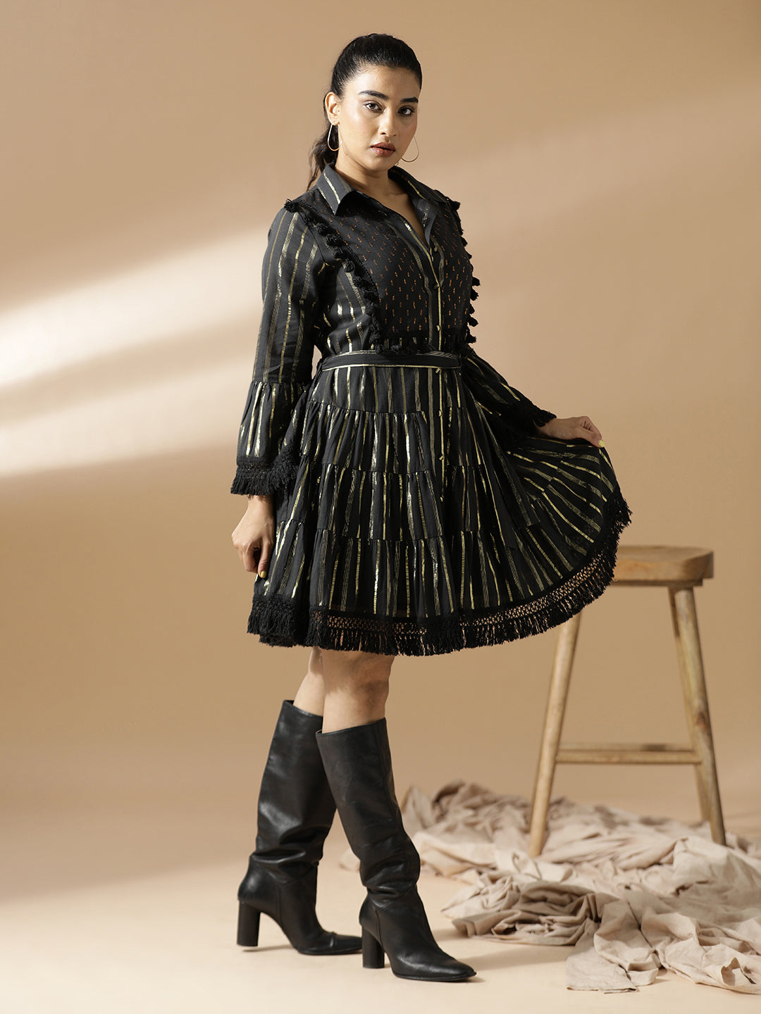 Black cotton lurex short tiered dress